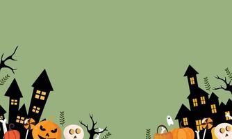 Haunted House and Ghosts with Creepy Pumpkins on Green Background vector