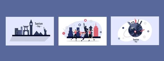 four illustrations of people in different locations vector