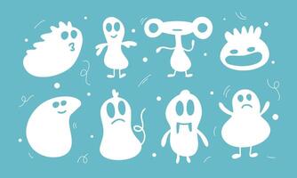 White Ghost Characters on Blue Background Set vector