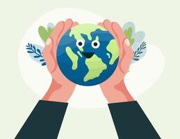 Hands holding a globe with leaves and leaves vector