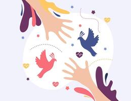 Flying Dove Surrounded by Colorful Floating Hands vector