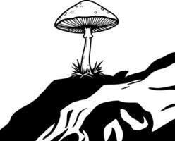 A black and white drawing of a mushroom on a hill vector