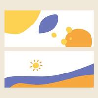 Abstract summer background cards set. Tropical shapes art concept on yellow and blue color. Horizontal minimalist style design templates for celebration, ads, branding, banner, cover, poster, sales. vector