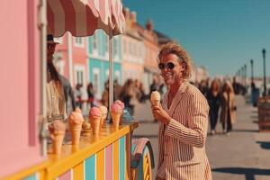A woman is holding an ice cream cone in front of a colorful ice cream cart photo
