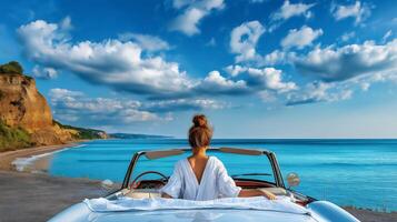 Woman sitting in convertible car on beach with blue sky and white clouds photo