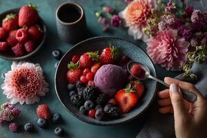A bowl of berries and a spoon with a scoop of ice cream photo