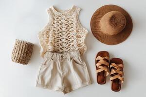 Top view of summer clothes and accessories on white background photo