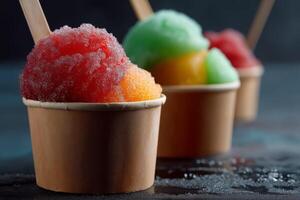 Three ice cream cups with different colored ice cream photo