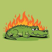 Grumpy Cartoon Crocodile with Fire Flames Background vector