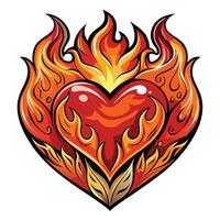 Heart with fire, flames on top convey heat power a heart with flames and leaves on it vector