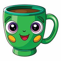 Coffee mug with cute face Kawaii style illustration isolated on white background. vector
