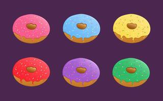 Set of six colorful donuts with icing and sprinkles, perfect for bakery and cafe designs vector