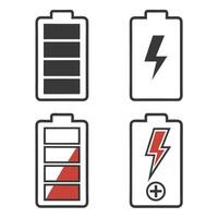 Battery Level Indicators Full, Charging, Low, and Charging Plus vector