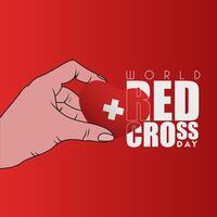 World red cross day design background. May 8. Hand holding red cross sign on red background vector