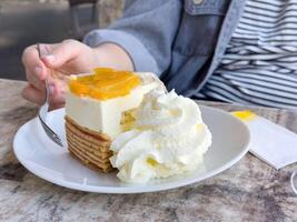 Delicious mango cream cake with whipped topping and layers on a plate photo