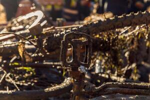 Abandoned rusty bicycle in muddy terrain with sunlight reflection photo