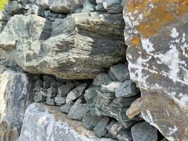 Close-up of stacked rough stones with various shades and textures photo