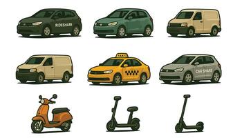a set of different types of cars and scooters vector