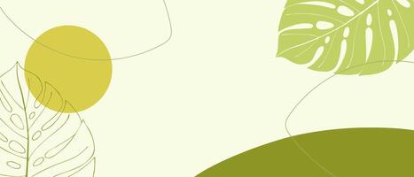 Summer green colors banner template, summer vibe. Empty space for insertion. Smooth boho shapes and palm leaves. vector