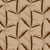 Cocoa pattern with leaves or pods of plant, brown background. Botanical design, textile. vector