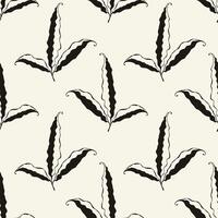 Creme pattern with leaves or pods of plant, dark stylized doodles on beige background. Botanical design, textile. vector