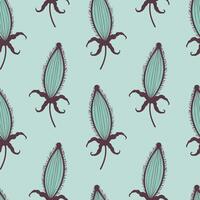 Thistle Carduus pattern on light blue background, stylized doodle drawing, botanical background with seed pods. vector