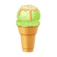 Illustration of green ice cream cone topped with orange drizzle and nuts. Bright colors create an appetizing look. Ideal for dessert menus or summer promotions. White background enhances focus. vector