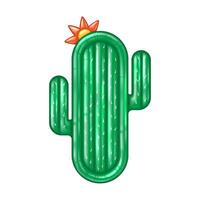Green inflatable cactus shaped pool float featuring bright orange sun flower design. Perfect for summer fun and pool parties. Adds tropical feel to any water activity vector