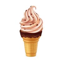 Illustration of a chocolate ice cream cone with chocolate topping. Soft serve with rich chocolate swirls on white background. Perfect for dessert menus or summer promotions. vector