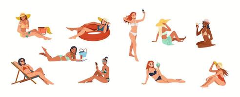 Illustration of diverse women relaxing and enjoying summer on the beach. They engage in various activities such as sunbathing, taking selfies, and having refreshing drinks. vector