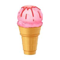 Realistic illustration of strawberry ice cream cone with red syrup on white background. Sweet and delicious visual. Perfect for summerthemed designs or dessert menus. Bright and appetizing. vector