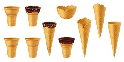 Collection of different ice cream cones including waffle cones and cups some topped with chocolate and sprinkles perfect for desserts. vector