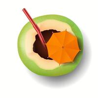 Illustration of fresh green coconut with red straw and orange umbrella, tropical drink representation, symbolizing vacation vibes and relaxation with white background vector