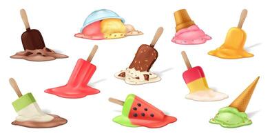 Illustration shows different types of melted ice creams on sticks and cones. Flavors include chocolate, vanilla, and fruity varieties, each with distinctive colors and textures. vector