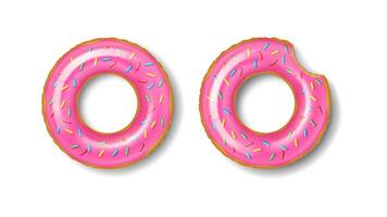 Inflatable swim ring. Two vibrant donuts with pink frosting and multicolored sprinkles one with a bite missing displayed on white background perfect for food advertising and dessert promotions vector