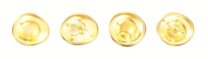 Golden collagen molecules in spheres realistic color icons set. Elements vital for skin elasticity and firmness 3d objects bundle on white vector