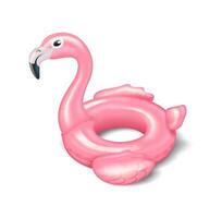 Pink inflatable flamingo ring with playful expression designed for fun water activities and poolside relaxation against plain white background ideal for summer vacations and beach parties. vector