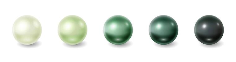 Illustration of five pearls in varying green shades showcasing gradient transition effect on white background. Represents luxury and elegance with copy space. vector