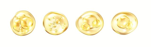 Collagen molecules and spheres in golden bubbles realistic color icons set. Components for moisturizing skin 3d objects bundle on white vector