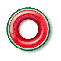 Inflatable pool float in vibrant watermelon design ideal for summer parties and pool activities. Red and green colors mimic watermelon slice offering fun and playful visual on water. vector