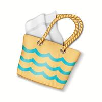 Colorful illustration of a beach tote bag with a wavy pattern and towel, isolated on a white background. Perfect for summer themes, travel, and vacation concepts. vector