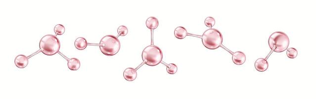 Rotating pink collagen molecules realistic color icons set. Protein structures create chemical bonds 3d objects bundle on white background vector