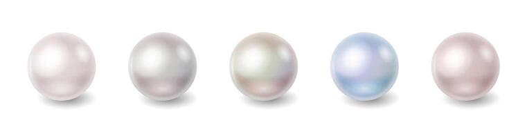 Realistic illustration of five pearls varying in color from white to blue arranged in a row representing elegance and luxury on a simple white backdrop with copy space vector