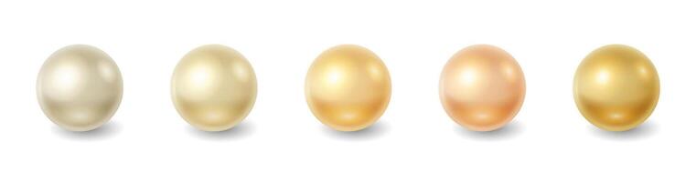 Illustration showing five shiny pearls in gradient shades from white to gold on plain white background. Perfect for luxury and elegance themed designs or jewelry concepts. with copy space vector