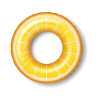 Bright yellow citrus slice shaped round pool float stands out against clean white background, perfect for summer relaxation by pool or beach, playful design evokes fun and leisure. vector