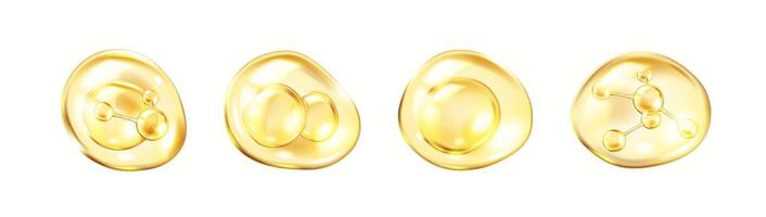 Collagen molecules for skin elasticity realistic color icons set. Golden bubbles with rejuvenating effects 3d objects bundle on white vector