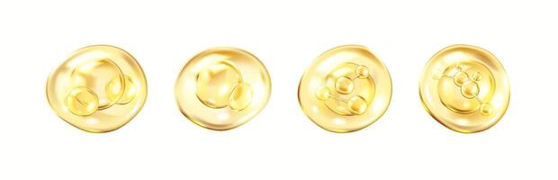 Golden bubbles with collagen molecules realistic color icons set. Innovative components of skincare products 3d object on white background vector