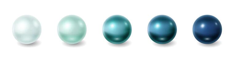 Five smooth pearls in gradient blue tones exhibit elegance and sophistication suitable for jewelry design. Arranged on a white background these pearls shine distinctly against the pristine backdrop vector