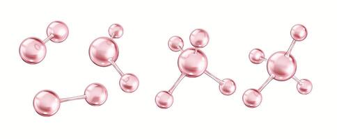 Pink collagen molecules forming structures realistic color icons set. Rotating models for chemists investigation 3d objects bundle on white background vector