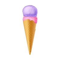 Realistic ice cream cone with pink and purple scoops. Bright colors symbolize freshness and fun. Perfect for summer themes and advertisements. Isolated on white background. vector